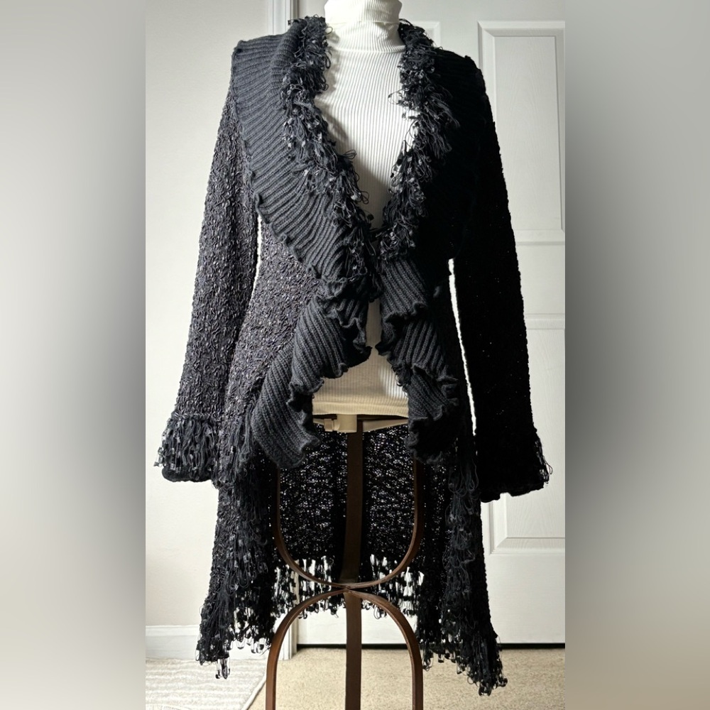 Anthropologie Lapis Black Fringe Knit Witchy Goth Art Long Cardigan Sweater M